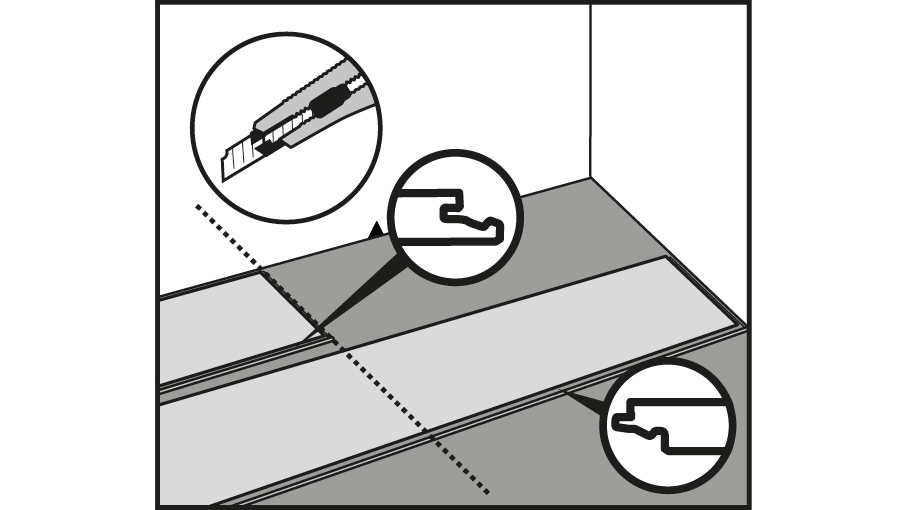 Zuschneiden der letzten Diele der ersten Reihe Zuschneiden der letzten Diele der ersten Reihe